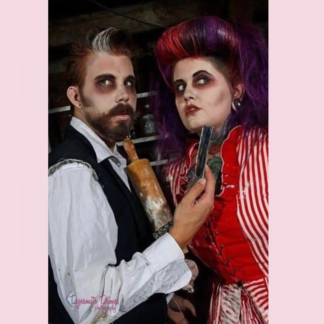 A couple&rsquo;s costume for the ages! 🥧 💈 🪒 
Need a bit of assistance for your Halloween look? A few makeup/hair appointments remain for the best time of the year! DM for details! 🎃 

Eddie &amp; Vera
Makeup &amp; Hair by Lynne Evans of The Star