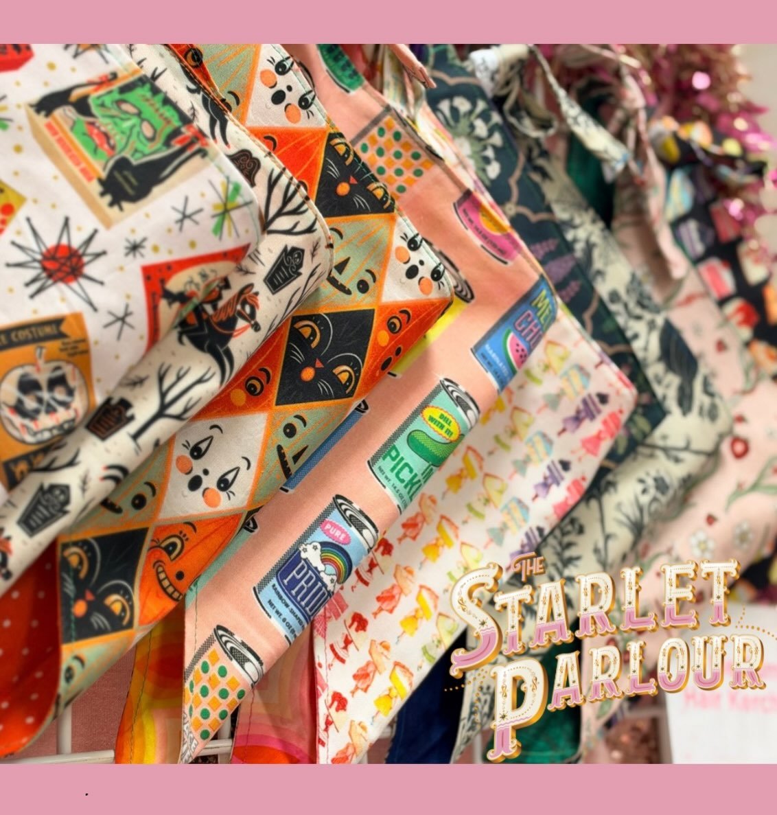 Do we want some Christmas kitsch patterns since y&rsquo;all loved the Halloween ones so much? 
My last remaining reversible-wear hair kerchiefs of the fifty or so I made over the summer! These are always my best sellers, so I&rsquo;ll be restocking t