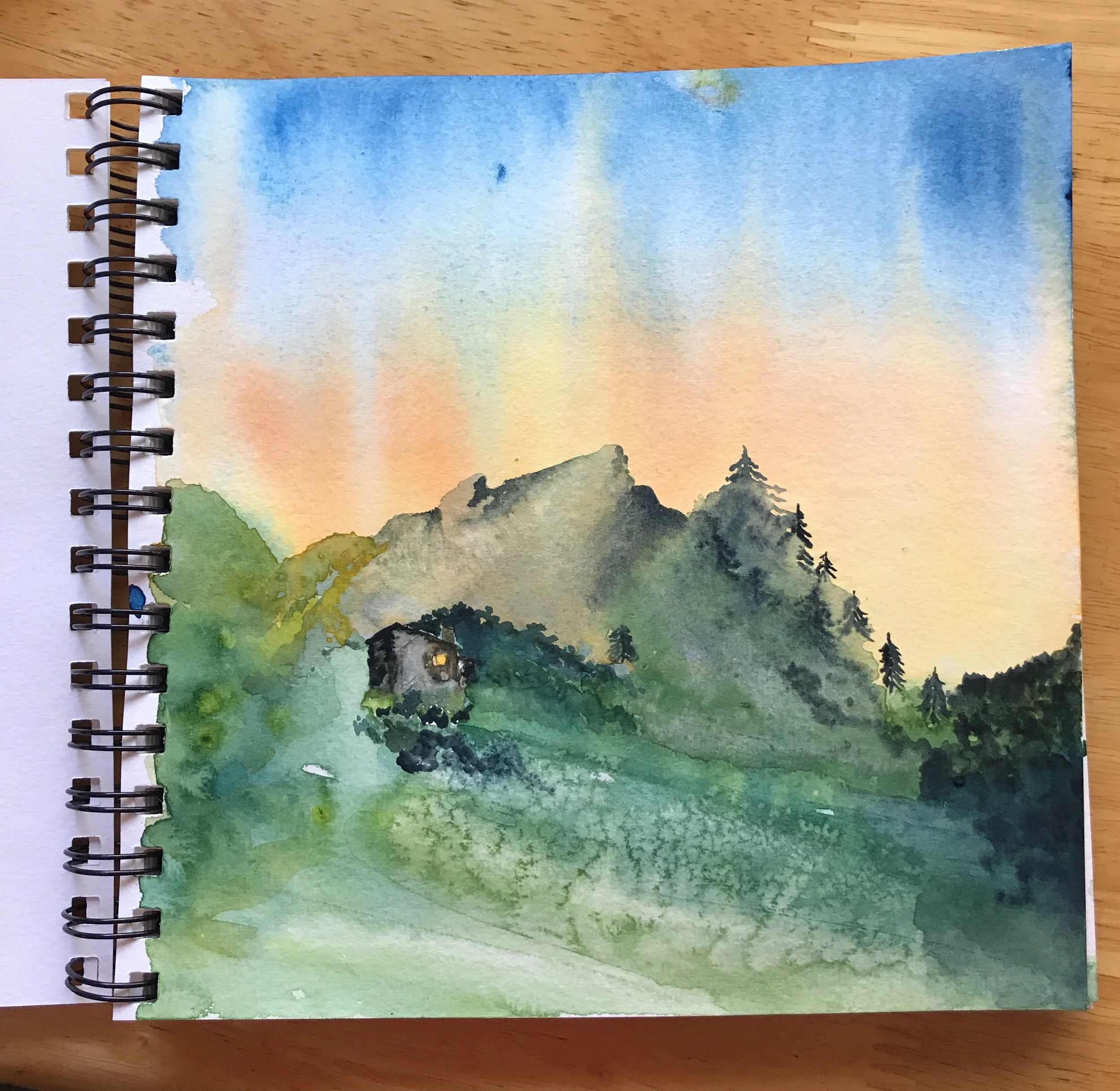 This is the mountain cabin where the Greeting Card People have their annual writing retreat. Yes, I painted it myself. No, I've never been there.