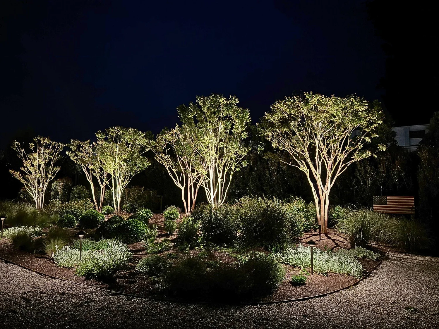 Illuminated garden bed at Westhampton estate — precision uplighting highlighting planting design at night