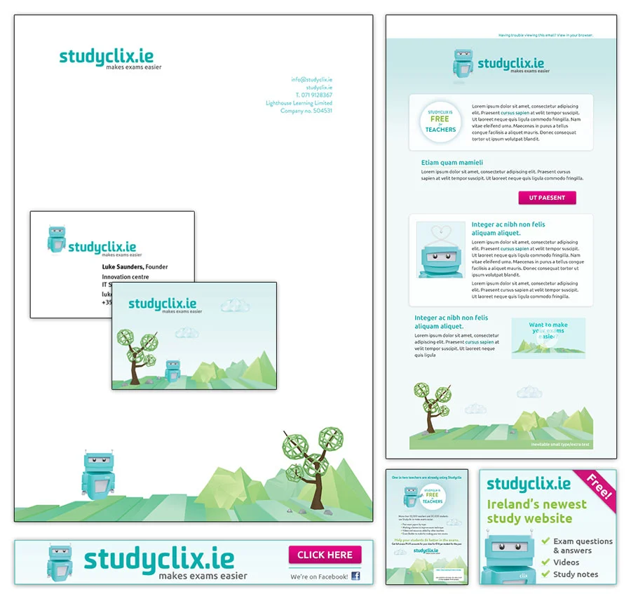 A variety of Studyclix material, including stationery, an email newsletter template, and digital advertisements