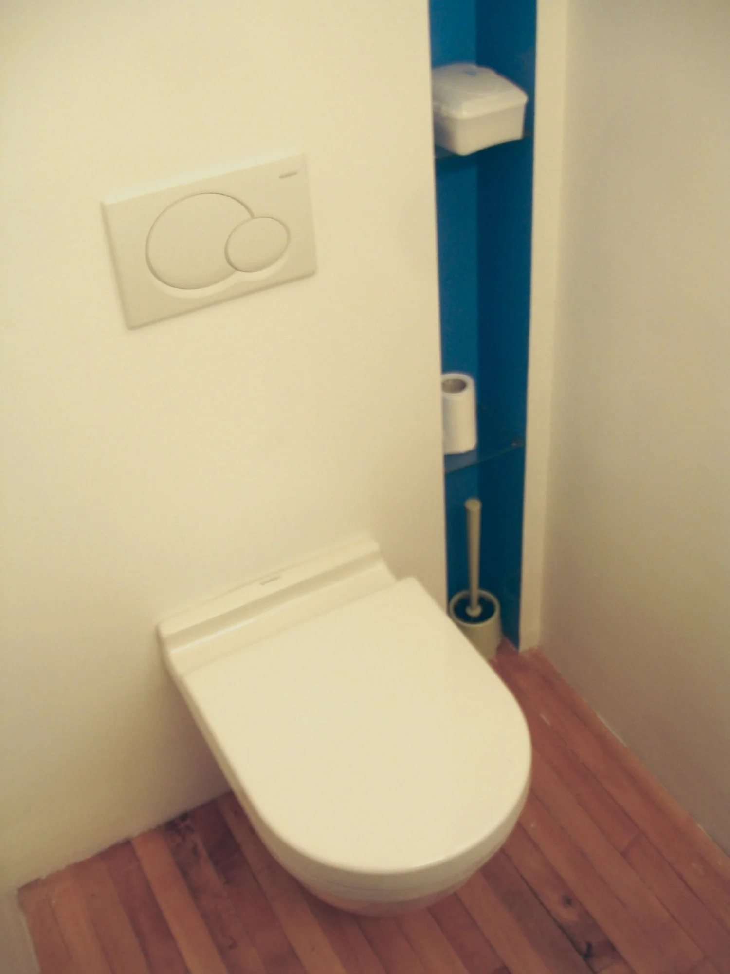 To maintain a sense of lightness the toilet was hung from the wall. Necessities are kept in a bright blue floor to ceiling recess in the wall.