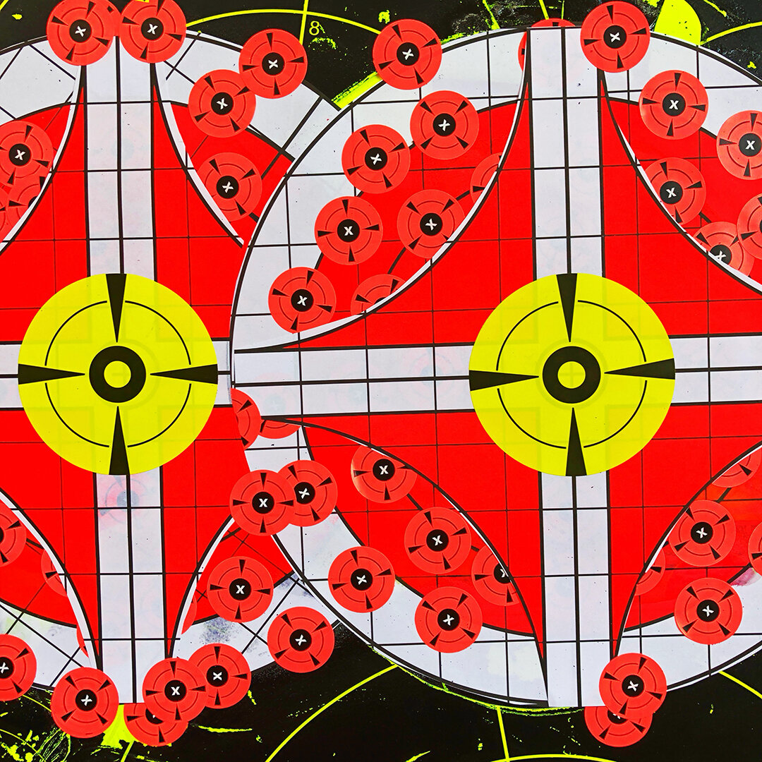  #01 TARGET   33” X 77”  Ultra-Mod Assemblage, Reactive Shooting Silhouette Target Paper + Target Stickers, PH balanced archival glue, sealant, tape, wood, construction lighting, cardboard, vinyl mounted on gator board  2019   