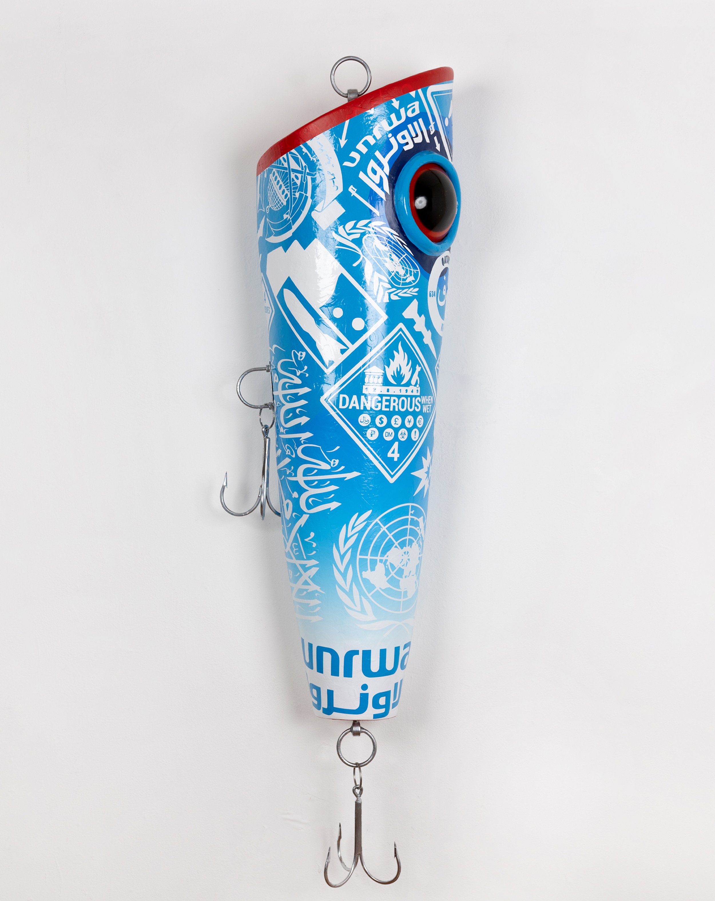  LURE  UNWRAHAMAS  (SKYBLUE &amp; WHITE)  HOOK LINE AND SINK HER  The Luring Test SERIES  63 x 16 x 16 in.  EPS foam, boat bondo,&nbsp;  vinyl, custom trebles,&nbsp;  spray paint, eyelets,&nbsp;  custom epoxy resin, fish&nbsp;  eyes, rubber, wood,&nb