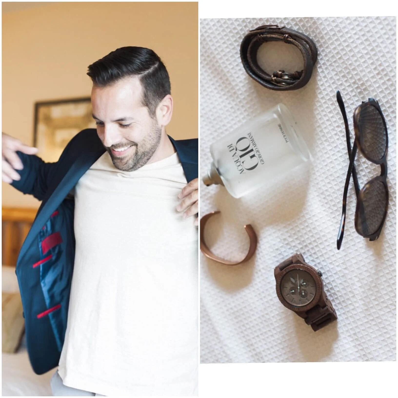 Bracelet & Cuff by Belt & Wire The Groom These days we are seeing less and less of the traditional tuxedo on the groom. Have him choose something he feels sexy in and goes along with his personal style. Pairing a business casual blazer with a dressed up pair of casual pants is a perfect way to go.