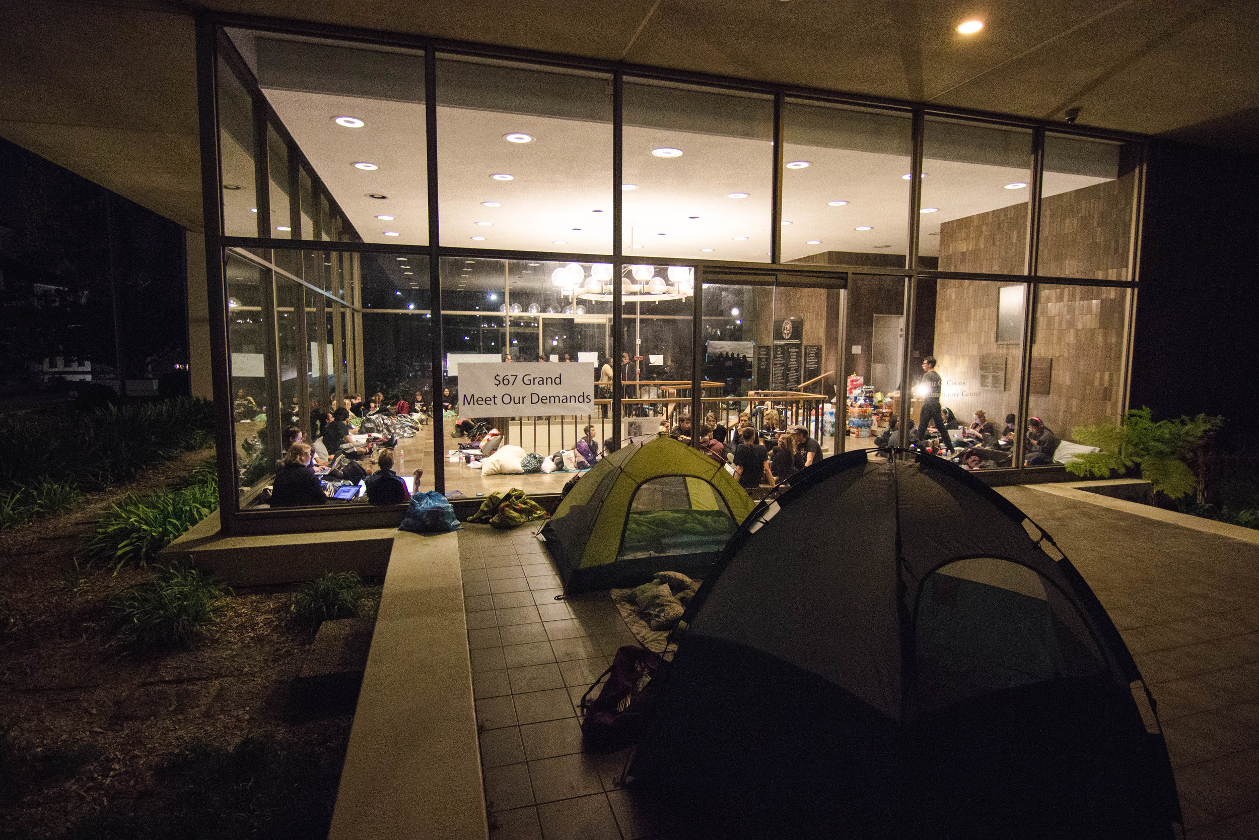 Some students camped outside of the AGC as many students opted to spend the night occupying the building. 