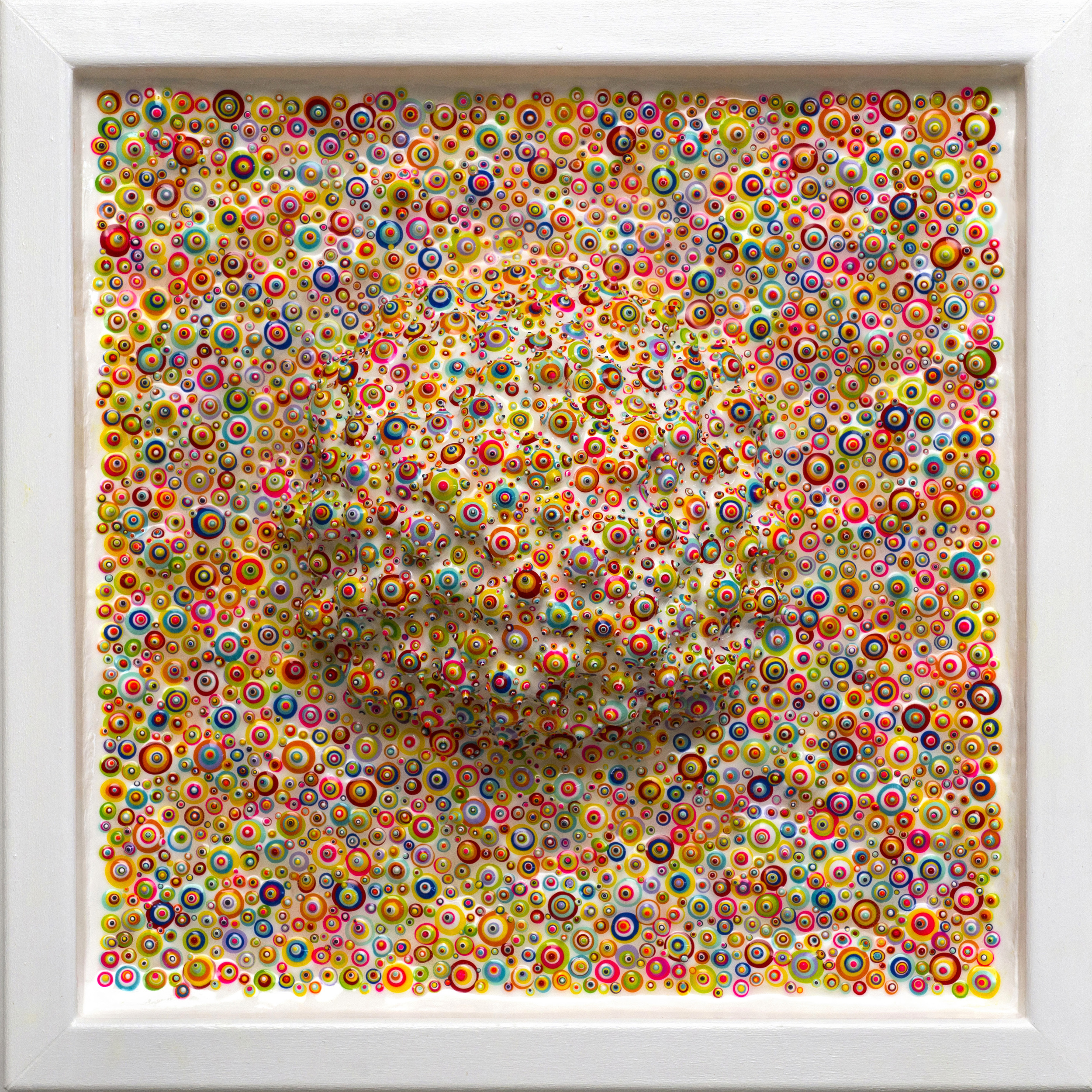 Bindu Star -Available Wall Sculpture. Acrylic and resin on layers of clay. 12"x 12"x 4". 2015 Special hanging hardware is included. "The Big Show" official selection at Lawndale Art Center. Houston, TX. 2015