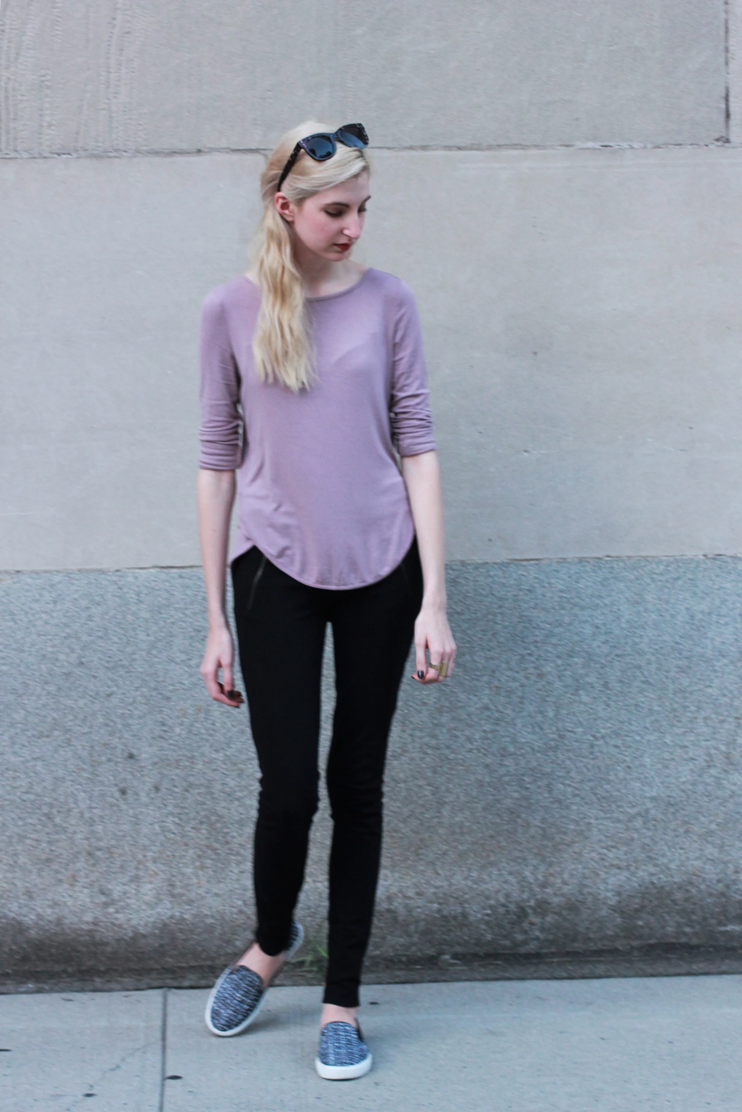 Shoes - J.Crew Factory / Pants - J.Crew / Top - LOFT / Sunglasses - Similar / Lips - Clinique