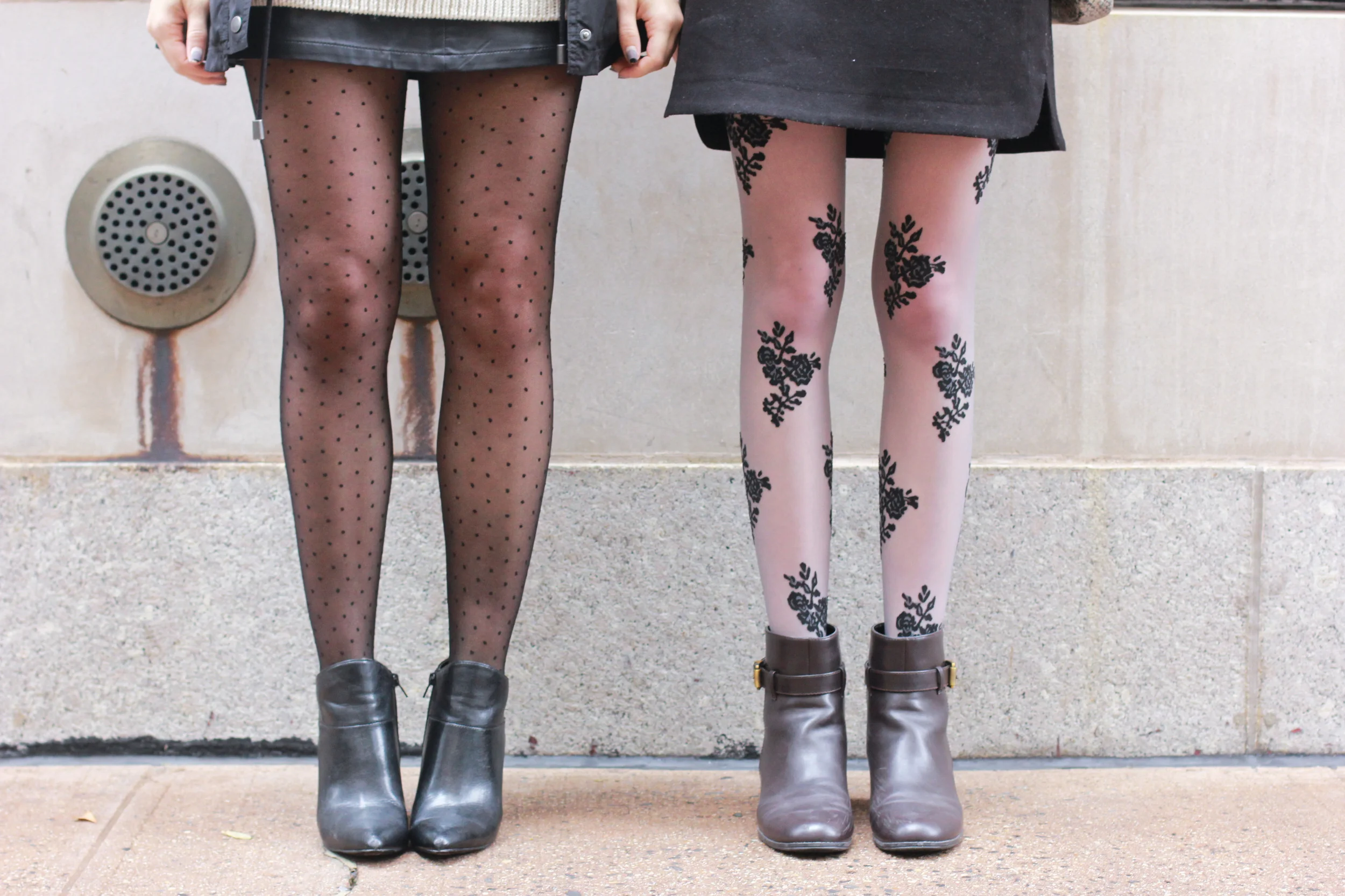 H&M mustard knit sweater, LOFT a-line black skirt, Forever21 lace floral tights, brown leather booties, Henri Bendel leather headband, with Kayla Omsberg of The Style Genre
