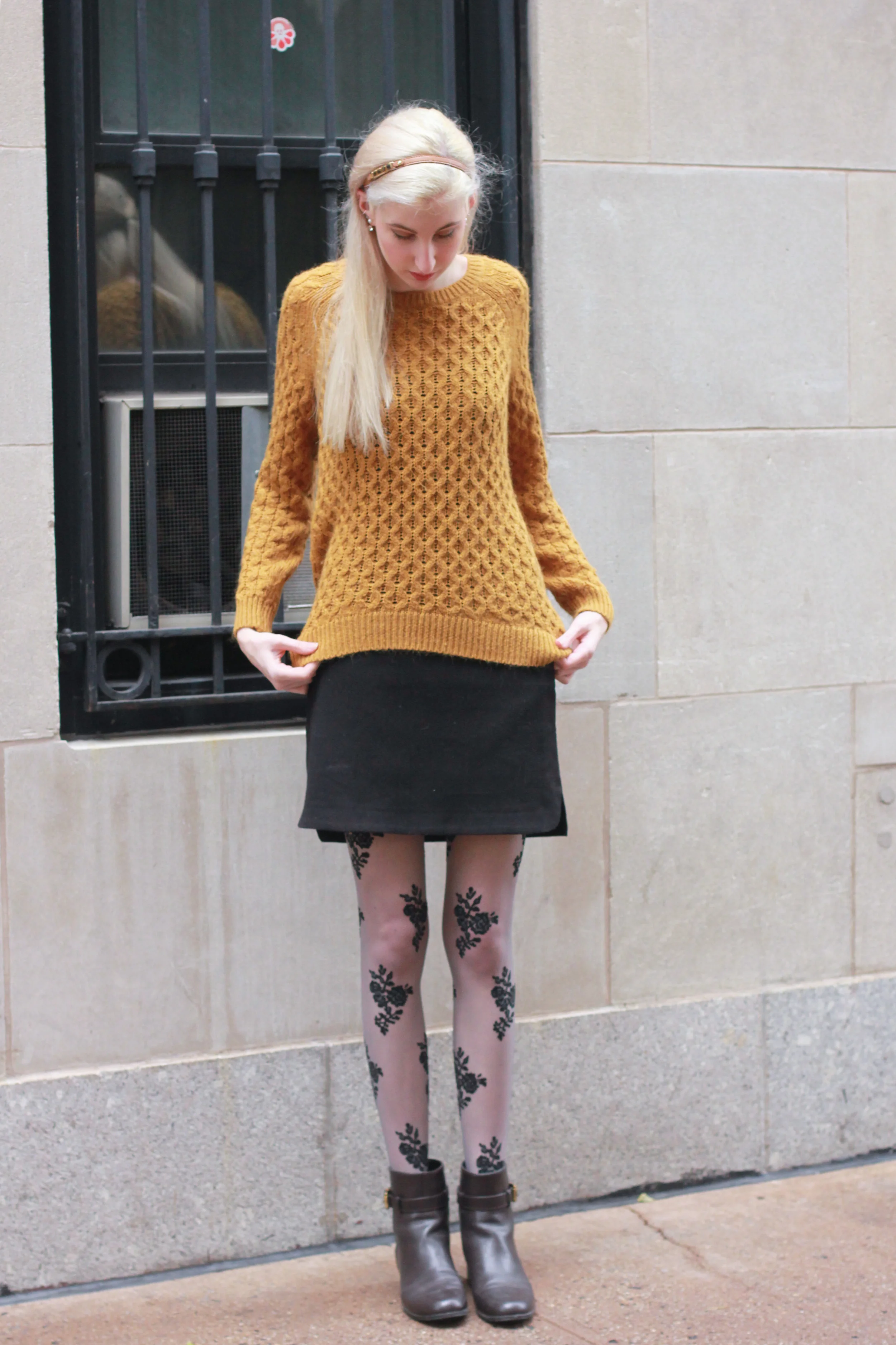 mustard skirt black tights