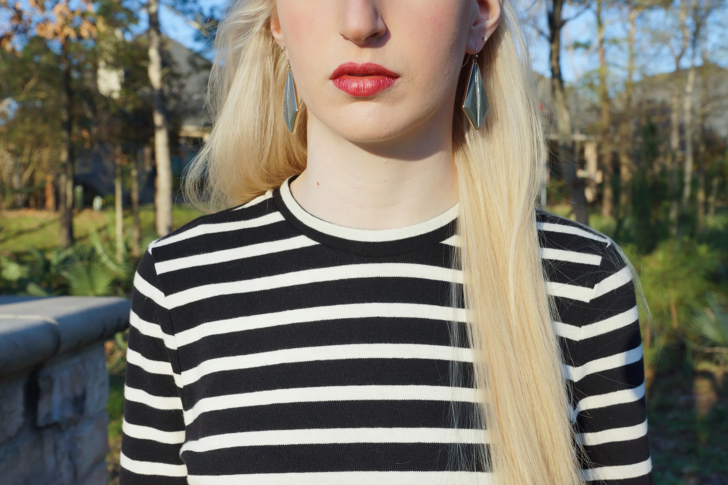 Forever 21 striped shift dress, steve madden black ankle boots, LOFT sunglasses, target earrings, Elizabeth Arden lipstick