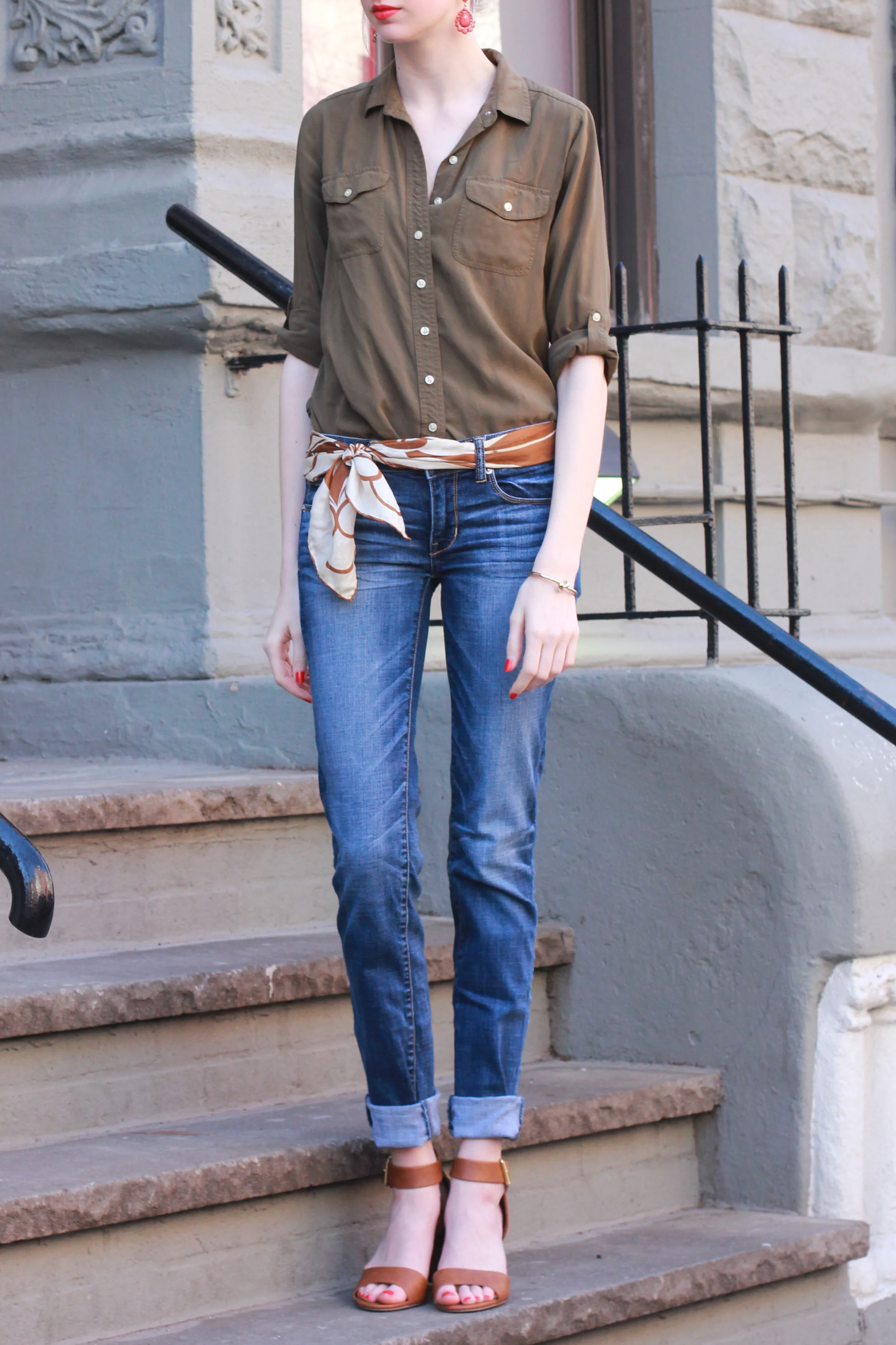 LOFT army green button down, American Eagle jeans, Target merona ankle strap block heel sandals, silk scarf belt, francesas coral earrings, Clinique Color Pop lipstick in poppy pop, Essie nail polish in geranium