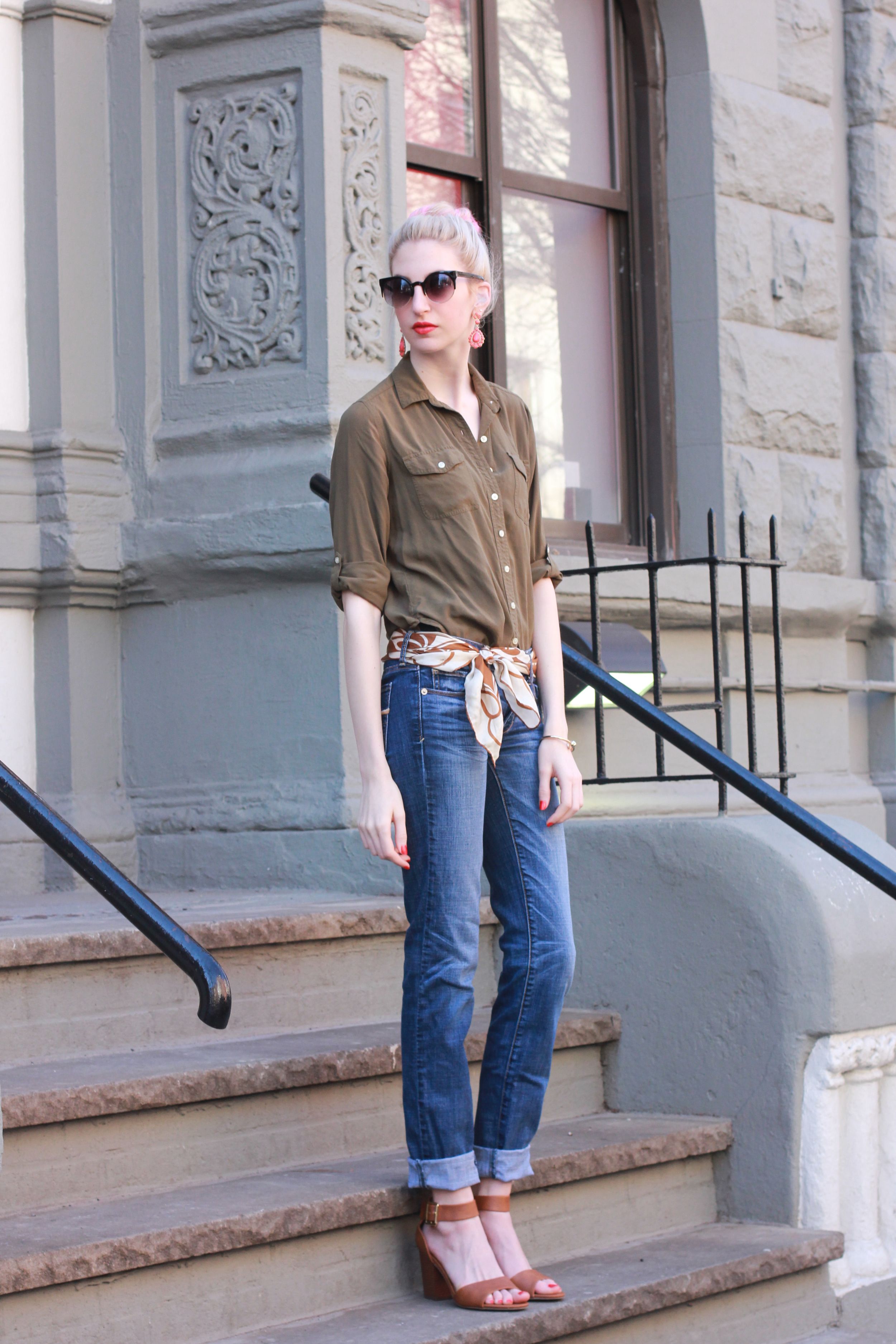 LOFT army green button down, American Eagle jeans, Target merona ankle strap block heel sandals, silk scarf belt, francesas coral earrings, Clinique Color Pop lipstick in poppy pop, Essie nail polish in geranium