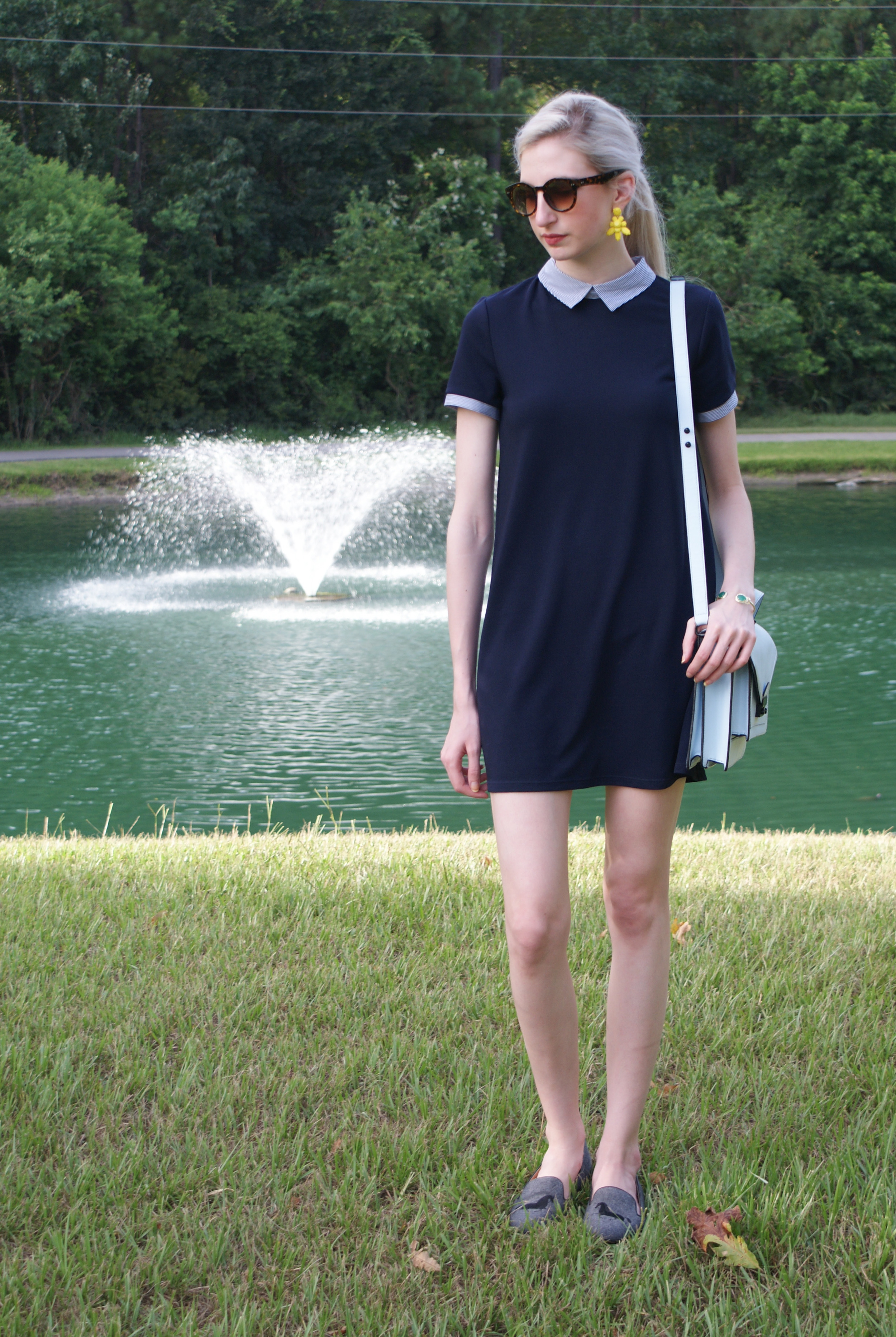 Zara navy preppy dress, loeffler randall rider bag, J.Crew addie loafers, J.Crew yellow statement earrings