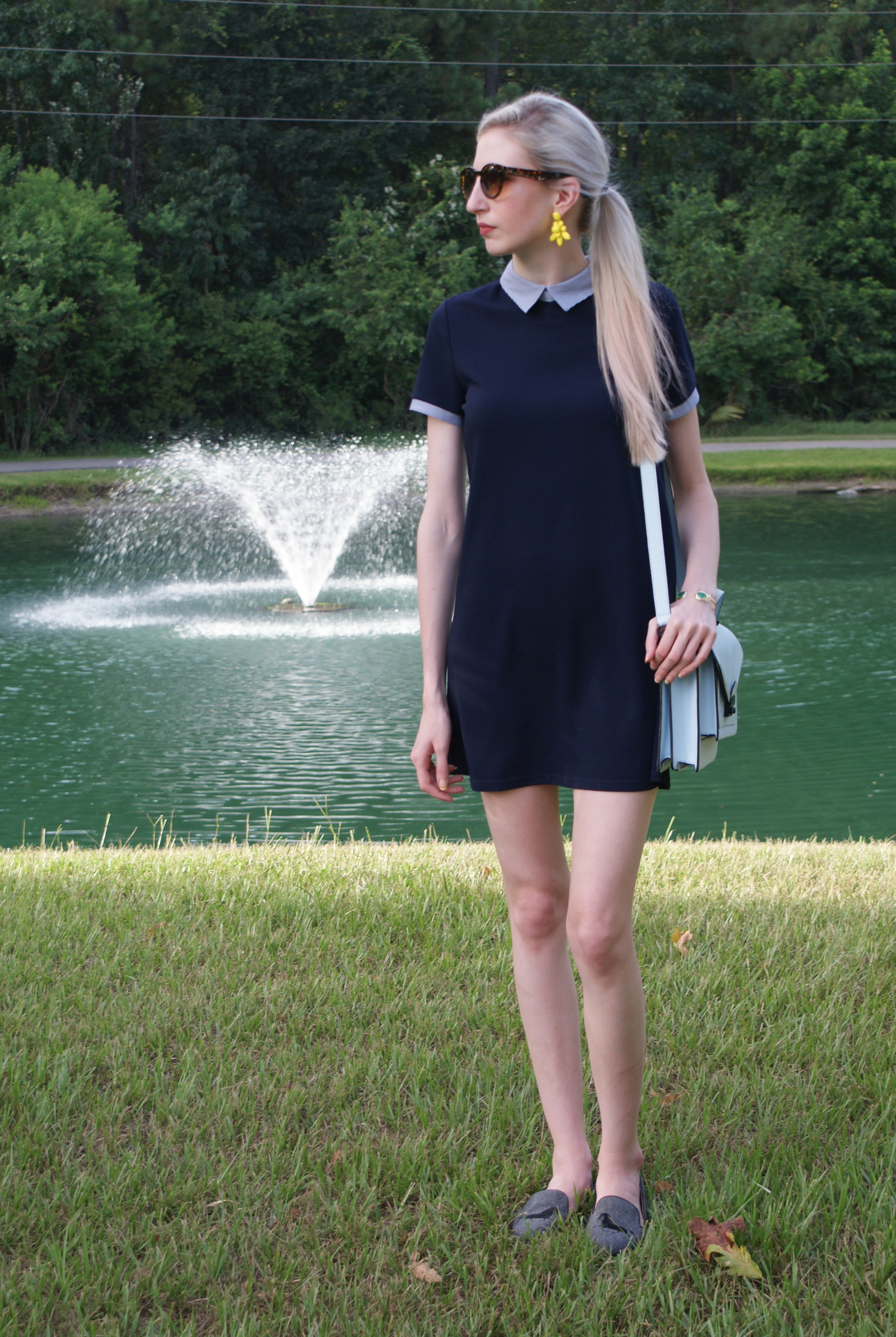 Zara navy preppy dress, loeffler randall rider bag, J.Crew addie loafers, J.Crew yellow statement earrings