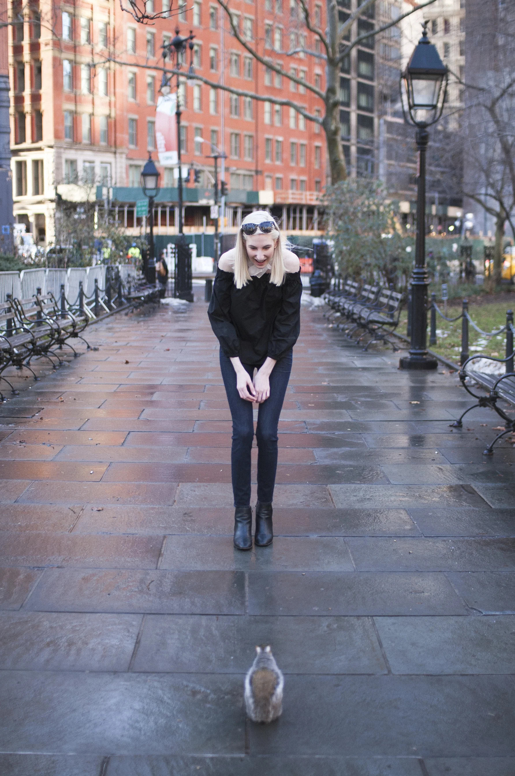 Audra Koch - City Hall Park NYC - J.Crew black longsleeve off the shoulder top, lookout high rise jeans, black block heel ankle boots, white bandana neck scarf, ear crawlers from Rocksbox