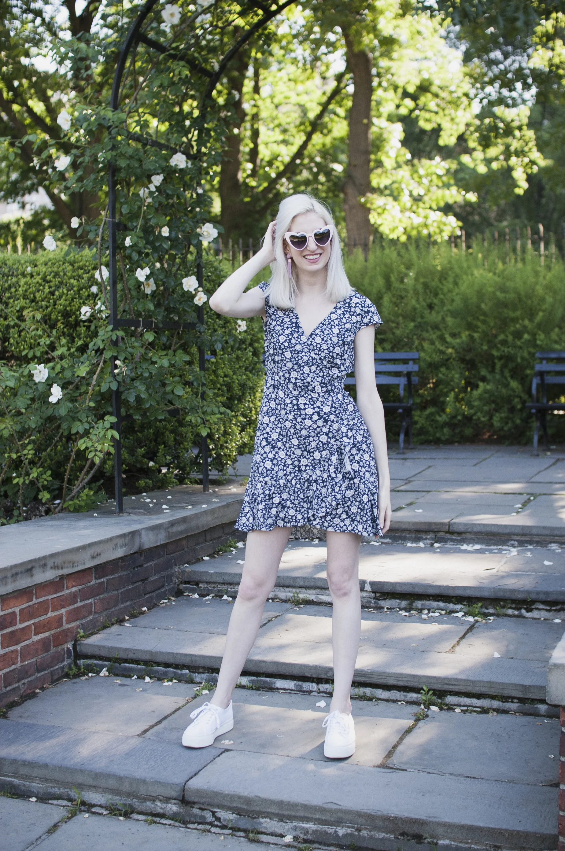 being an introverted blogger, jcrew floral summer dress, pink tassel beaded earrings, white platform supergas, dresses and sneakers outfit, affordable sundresses, summer style, summer outfits, jcrew addicts, platinum blonde hair, bottle blonde, whit…