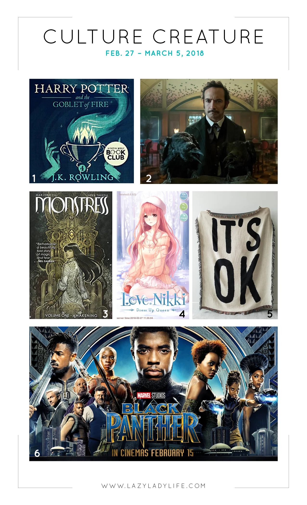 Culture Creature - Harry Potter, Altered Carbon, Monstress, Love Nikki, Black Panther