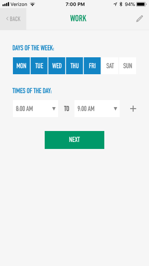 To add a return trip, the user simply taps the plus icon to add another time range to the route