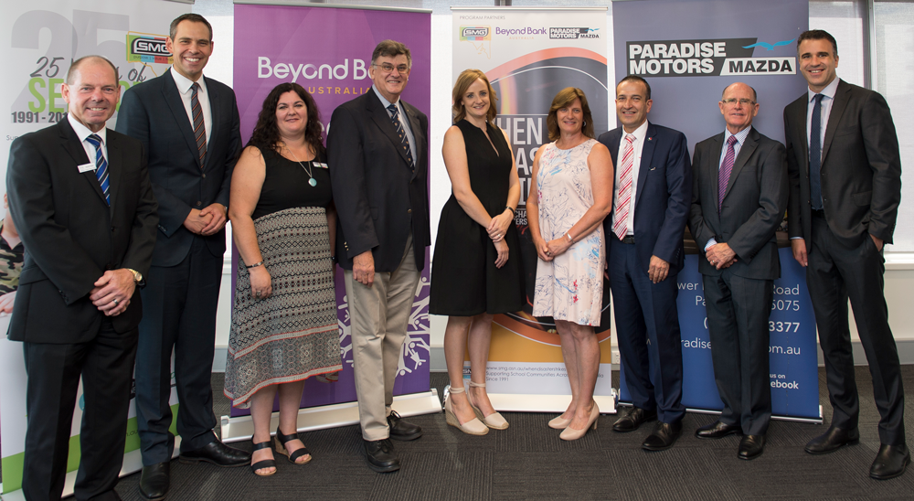 When Disaster Strikes launch at Beyond Bank. Left to Right: Kevin Bew, Paradise Motors Mazda New Car Sales Manager; Brenton Ragless, SMG Ambassador; Angela Jolly, SMG Executive Director; Rev Dr Lynn Arnold AO, SMG Chairperson; Jessica Jenke, Tarlee Primary School Parent; Tracey Butter, Tarlee Primary School Chaplain; Hon. Tony Piccolo MP; Robert Keogh, CEO Beyond Bank and Hon. Peter Malinauskas MP