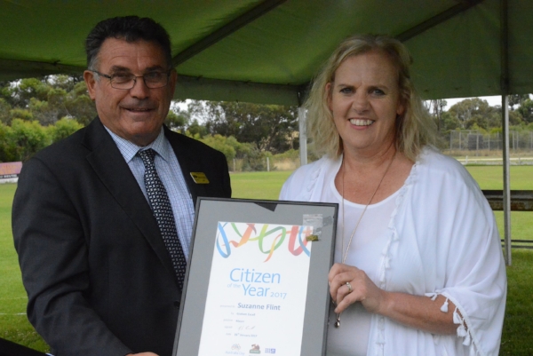 Tatiara District Council Mayor, Graham Excell presented Suzanne Flint, SMG Chaplainat Bordertown Primary School with the Citizen of the year Award in recent Australia Day celebrations.