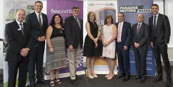 When Disaster Strikes Launch at Beyond Bank. L to R: Kevin Bew, Paradise Motors Mazda; Brenton Ragless, SMG Ambassador; Angela Jolly, SMG Executive Director; Rev Dr Lynn Arnold, SMG Chairperson; Jessica Jenke, Tarlee Primary School Parent; Tracey Butter, Tarlee Primary School Chaplain; Tony Piccolo MP; Robert Keogh, CEO Beyond Bank and Hon. Peter Malinauskas MP