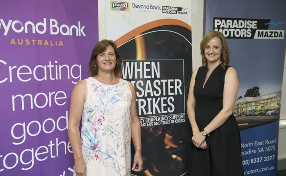 When Disaster Strikes Launch at Beyond Bank. L to R: Tracey Butter, Tarlee Primary School Chaplain and Jessica Jenke, Tarlee Primary School Parent