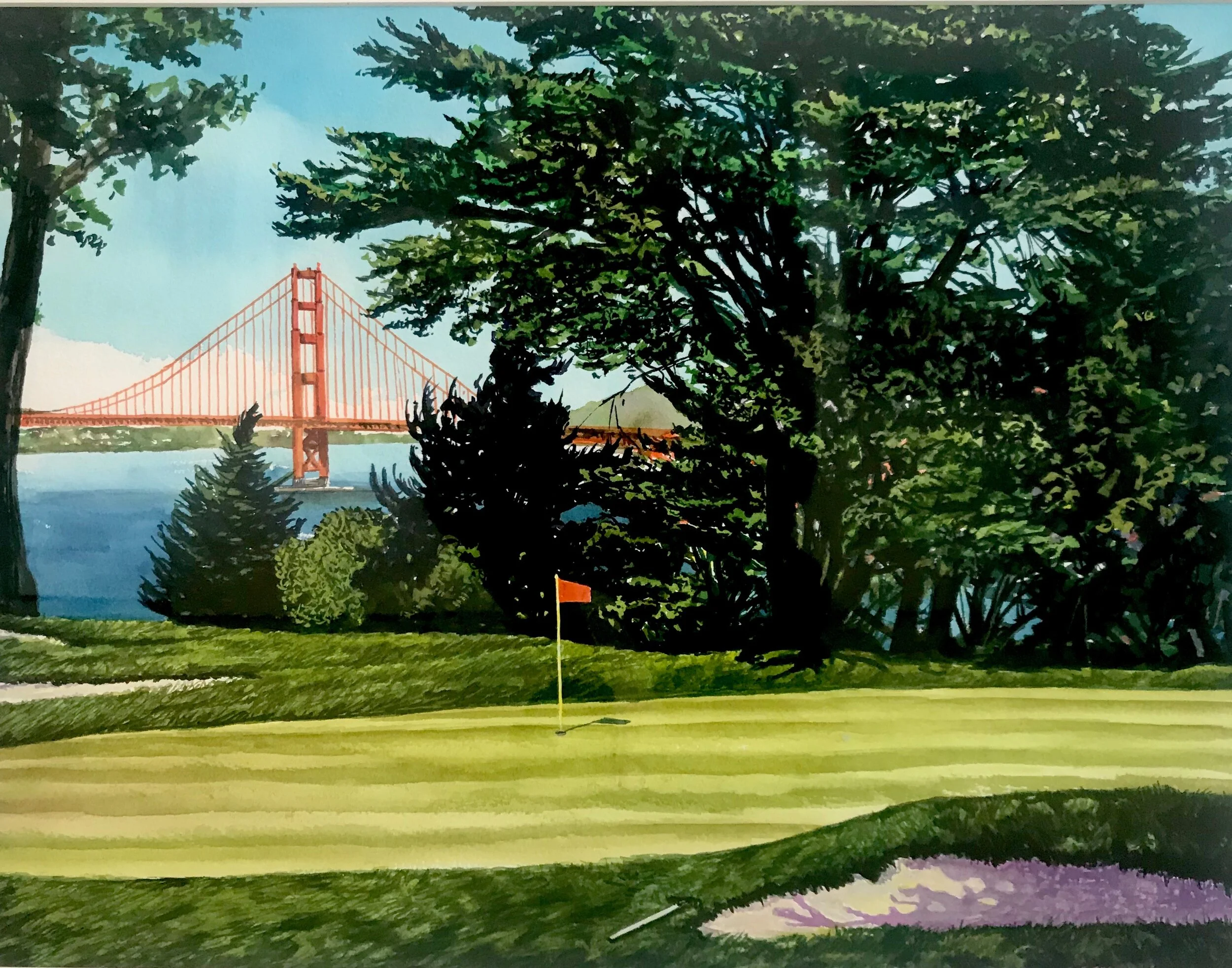 !7th Hole at Lincoln Park Course San Francisco Original watercolor framed 20 X 24