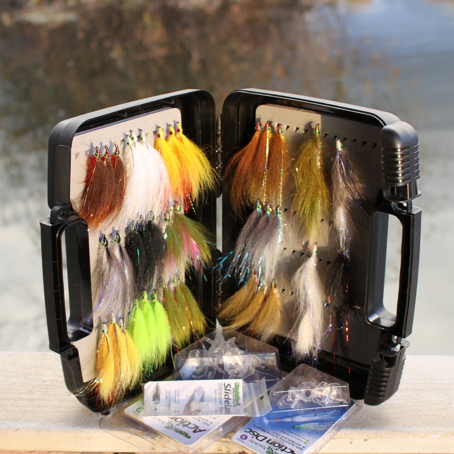 Boat Streamer Fly Box, 40 Trolling Flies, Action Discs, Slide Lock Beads,  and Fas Snaps. —