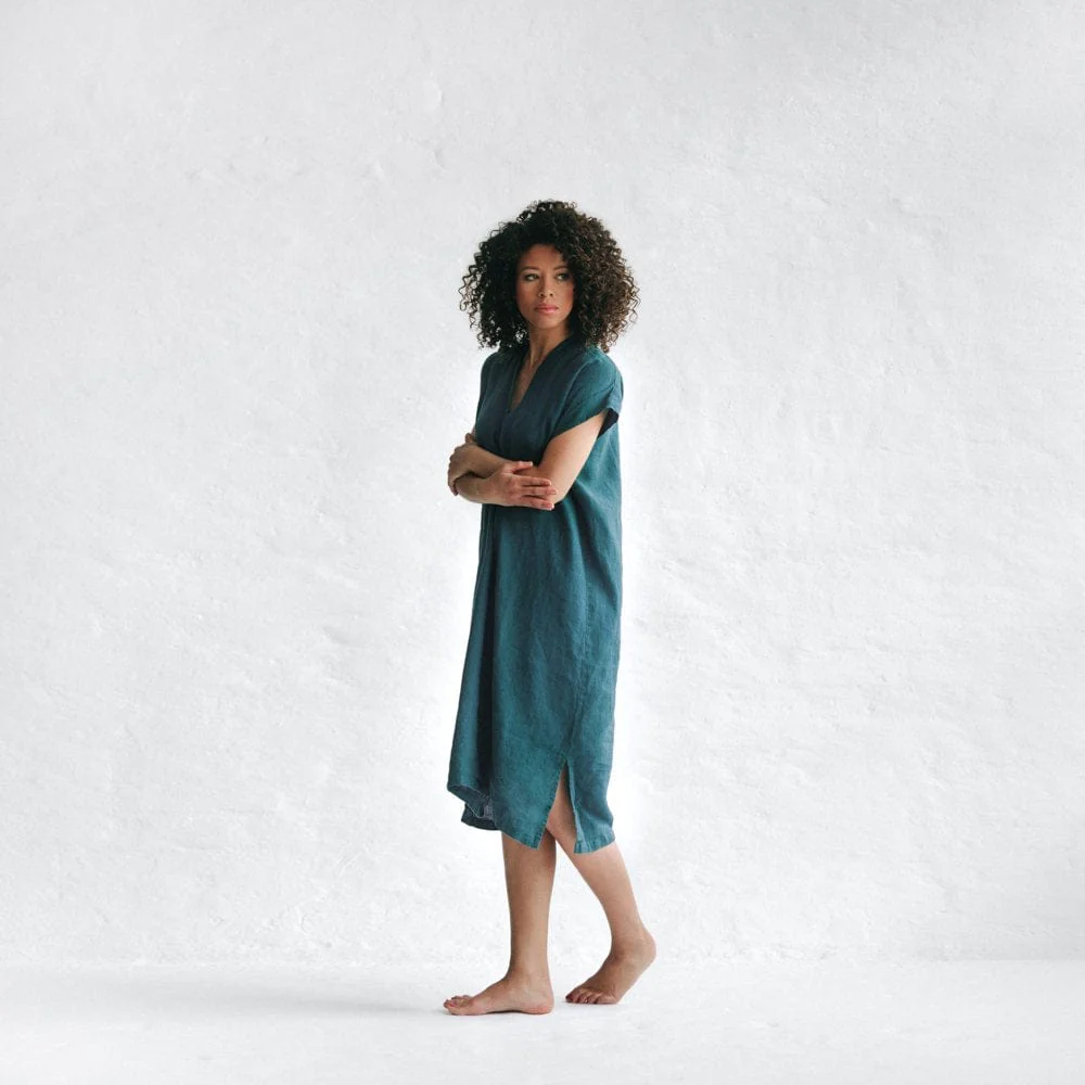 Seaside Tones V Neck Linen Dress Teal  Manon bis