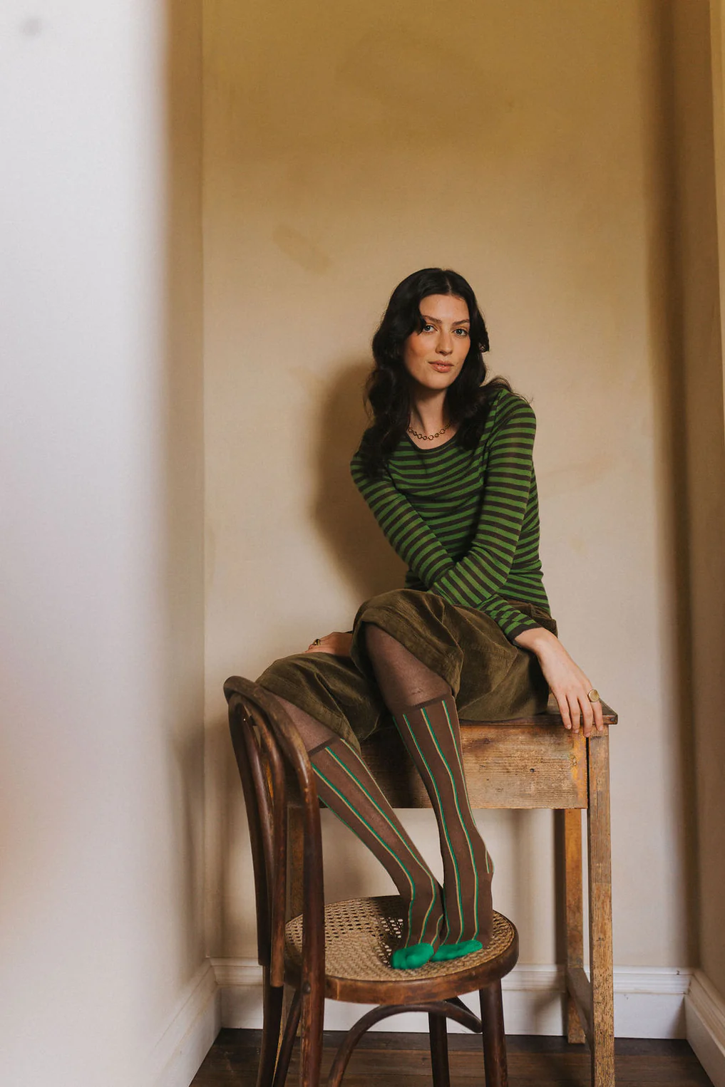 Merino Wool Knit Spencer in Green/Brown Stripe Manon bis
