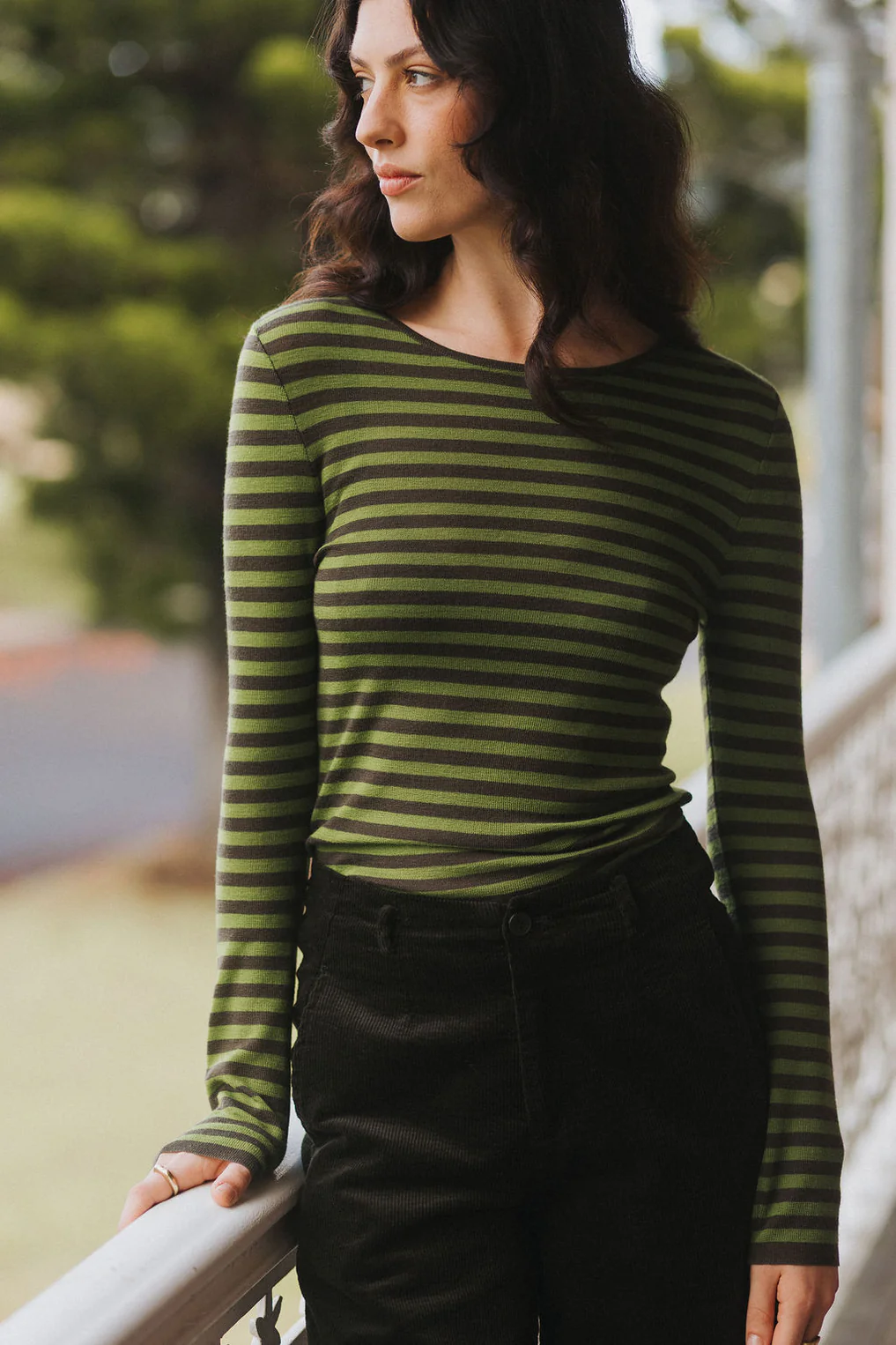 Merino Wool Knit Spencer in Green/Brown Stripe MANON BIS