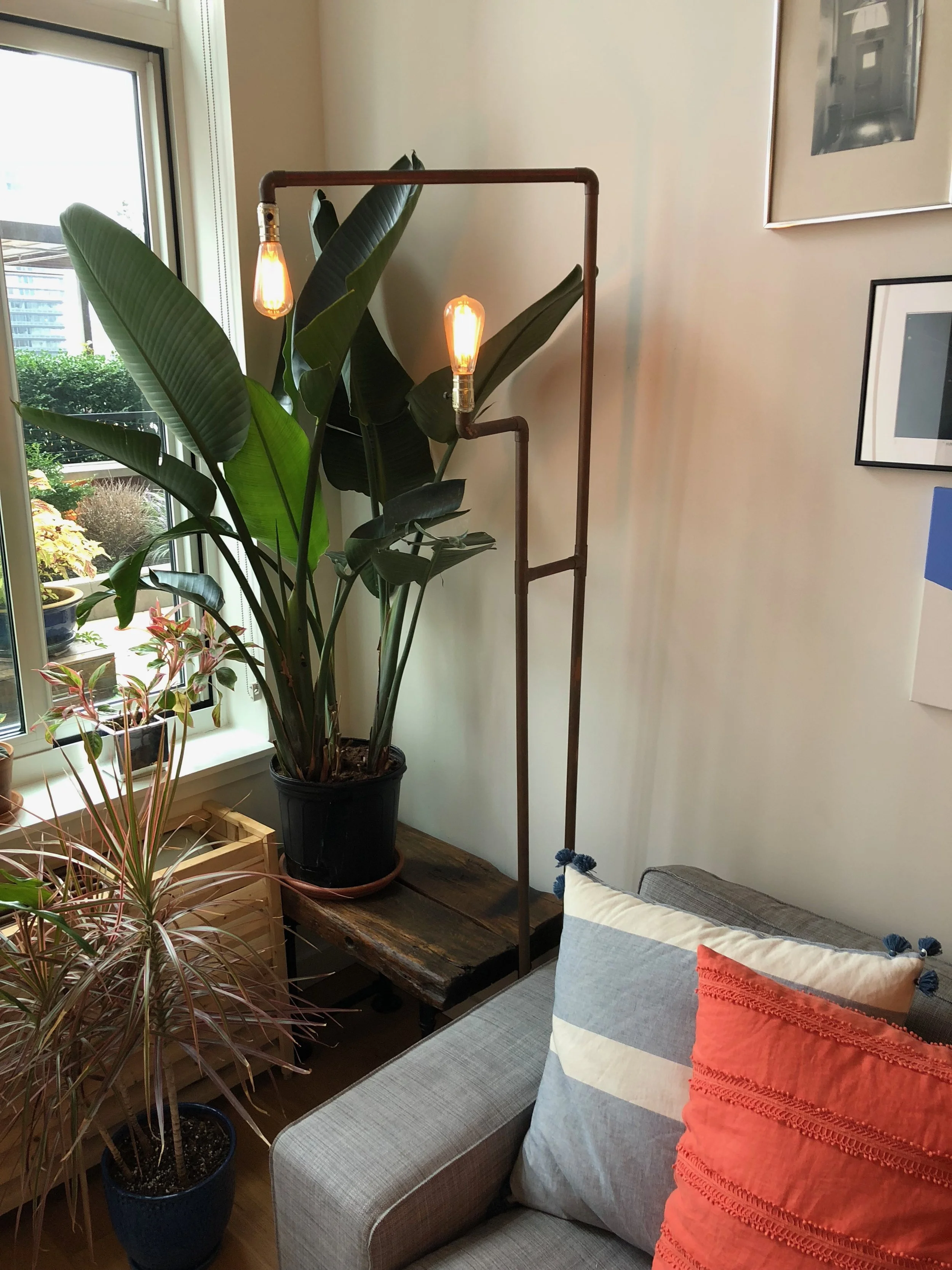   Double-bulb copper standing lamp  