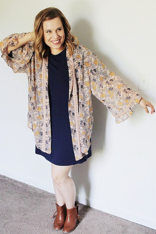  Navy t-shirt dress, kimono, booties 