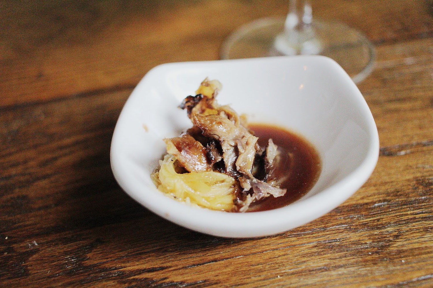  duck leg confit, braised spaghetti squash, leeks, port balsamic jus 