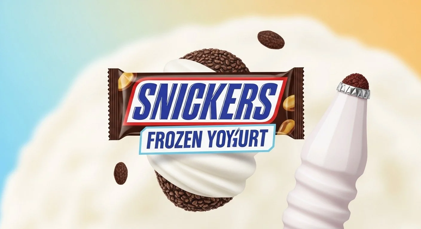 Snickers Frozen Yogurt ice cream bar with chocolate, caramel, and nougat flavor, featuring a swirl of vanilla frozen yogurt and a swirl on top, with a background of a soft gradient.