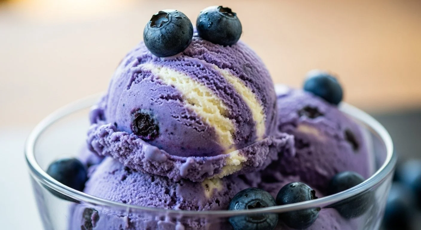 A glass bowl with three scoops of purple blueberry ice cream topped with fresh blueberries.