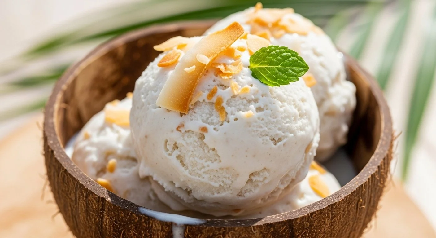 Vanilla ice cream scoop topped with almond slices and a mint leaf, served in a coconut shell bowl.