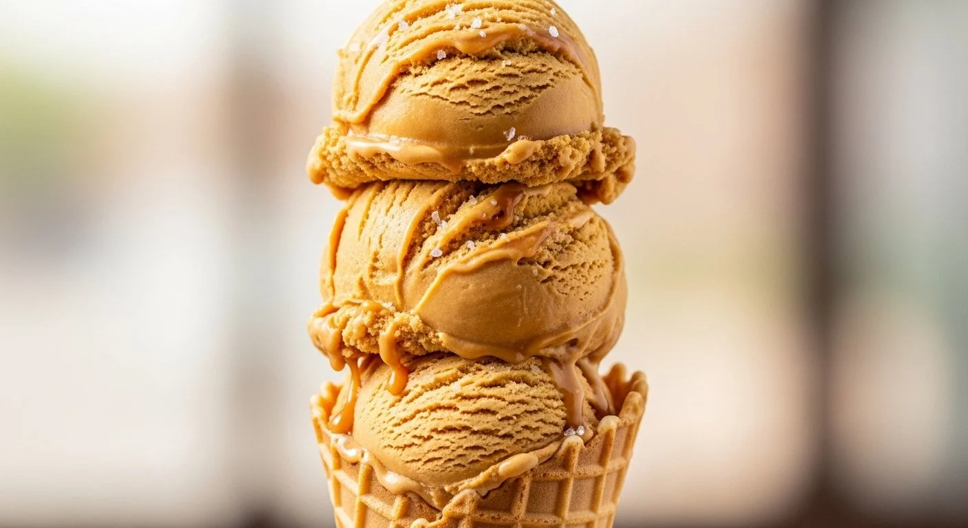 Three scoops of caramel ice cream in a waffle cone with caramel drizzle.