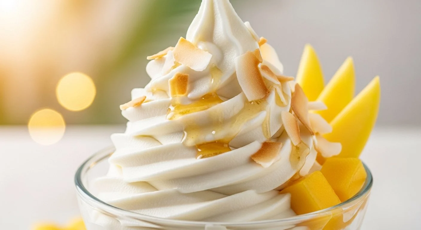 Soft serve vanilla ice cream topped with sliced almonds and honey, garnished with yellow fruit slices, served in a glass bowl.