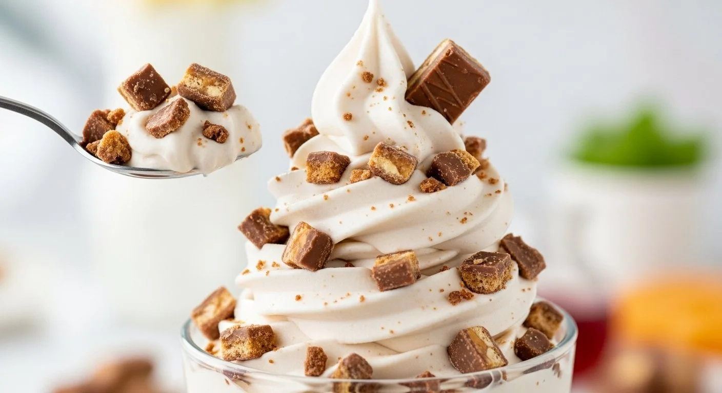 Soft serve ice cream topped with chocolate chunks in a glass bowl, with some pieces on a spoon.