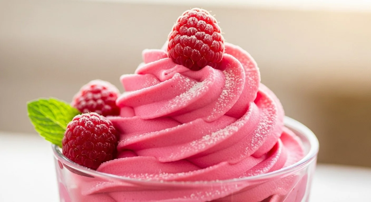 Pink raspberry sorbet topped with fresh raspberries and a mint leaf in a glass bowl.