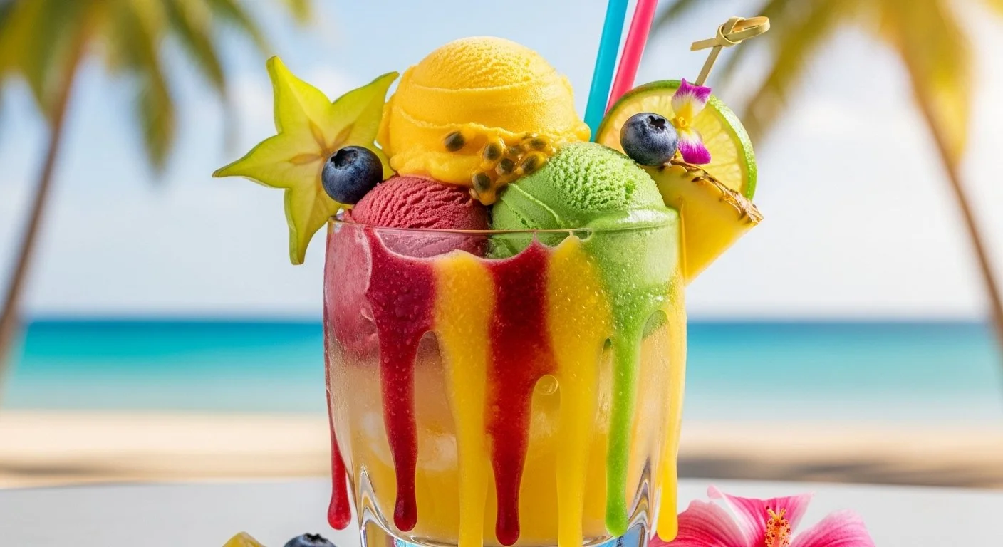 A colorful tropical fruit sundae with three scoops of sorbet (yellow, pink, green) topped with fresh fruit, passion fruit, blueberries, and edible flower garnishes, served outdoors on a sunny beach.