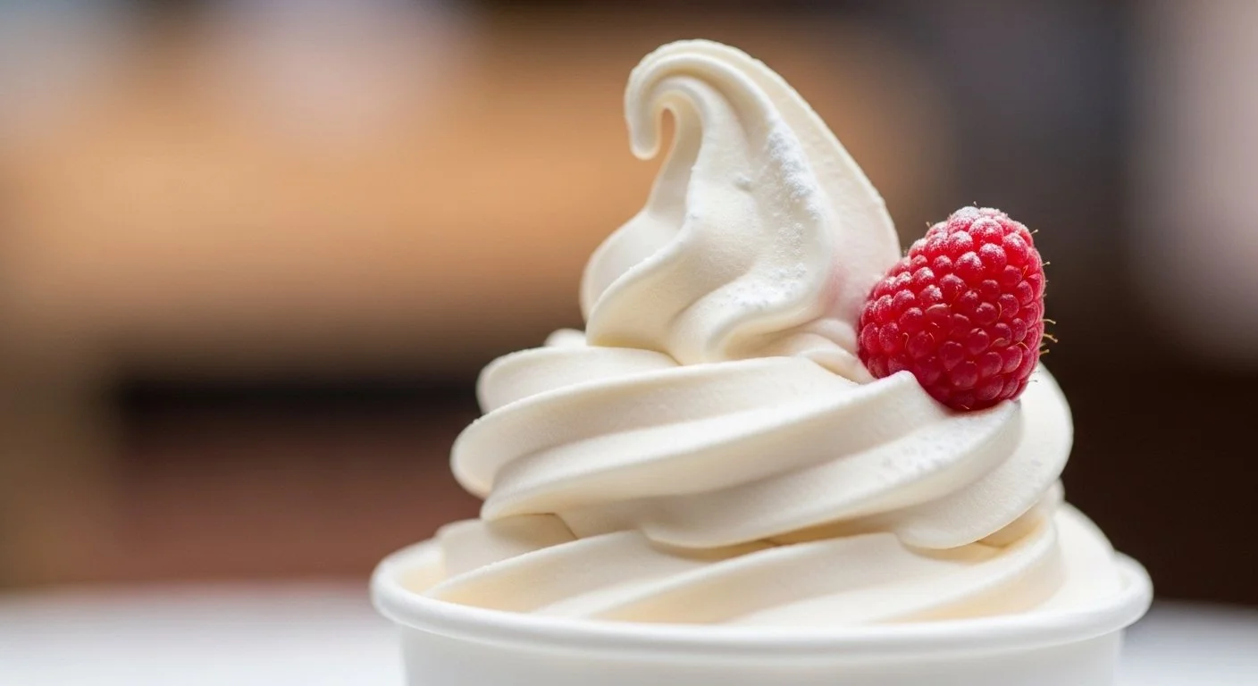 A cup of frozen yogurt with pink and white swirl, labeled "Premium Soft Serve & Frozen Yogurt," against a pastel blue background.