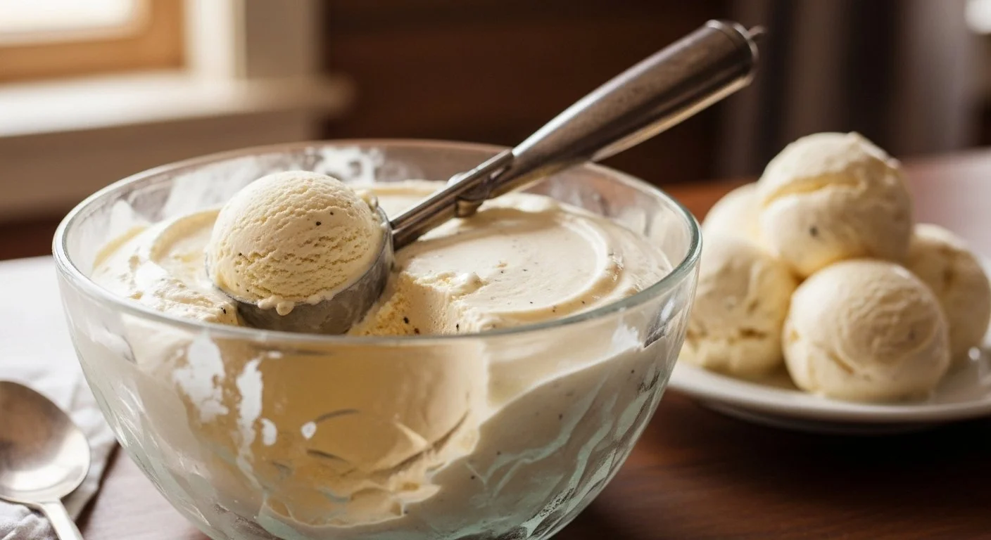 People standing in line at an ice cream food truck in the evening with trees and houses in the background.