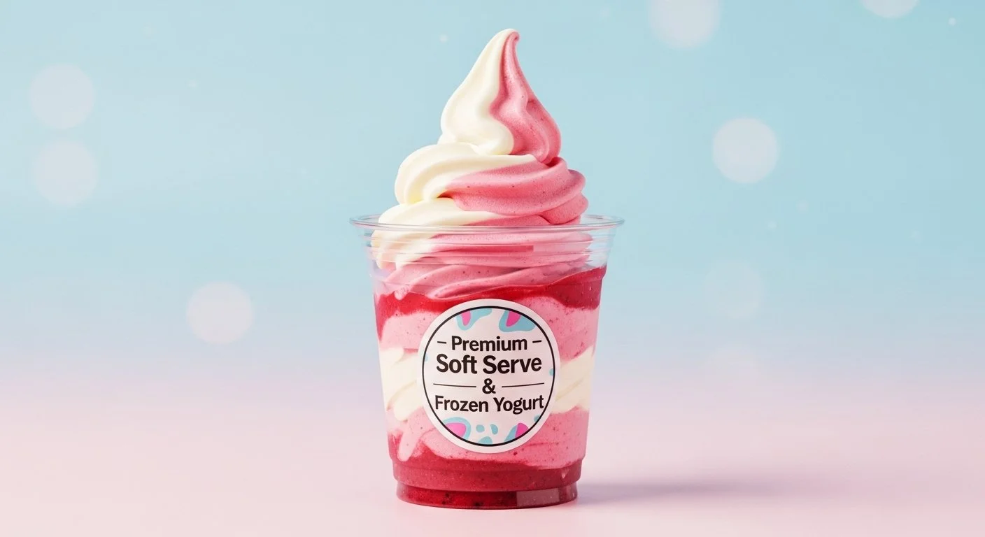 A cup of frozen yogurt with pink and white swirl, labeled "Premium Soft Serve & Frozen Yogurt," against a pastel blue background.
