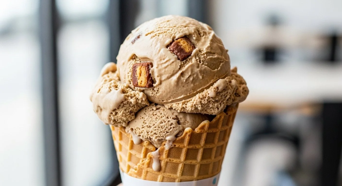 A scoop of coffee-flavored ice cream with chocolate chunks in a waffle cone.