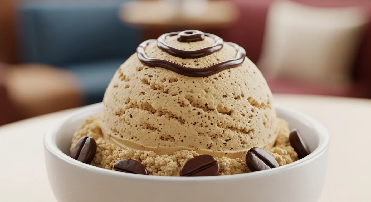 A bowl of coffee ice cream topped with chocolate syrup, surrounded by coffee beans.