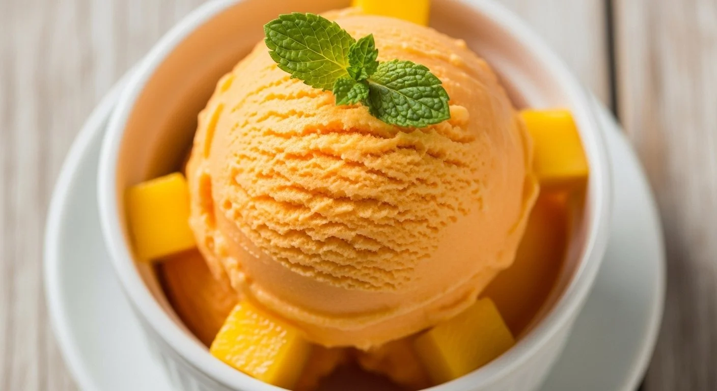 A scoop of mango ice cream topped with a sprig of mint, served in a white bowl with mango chunks around it.