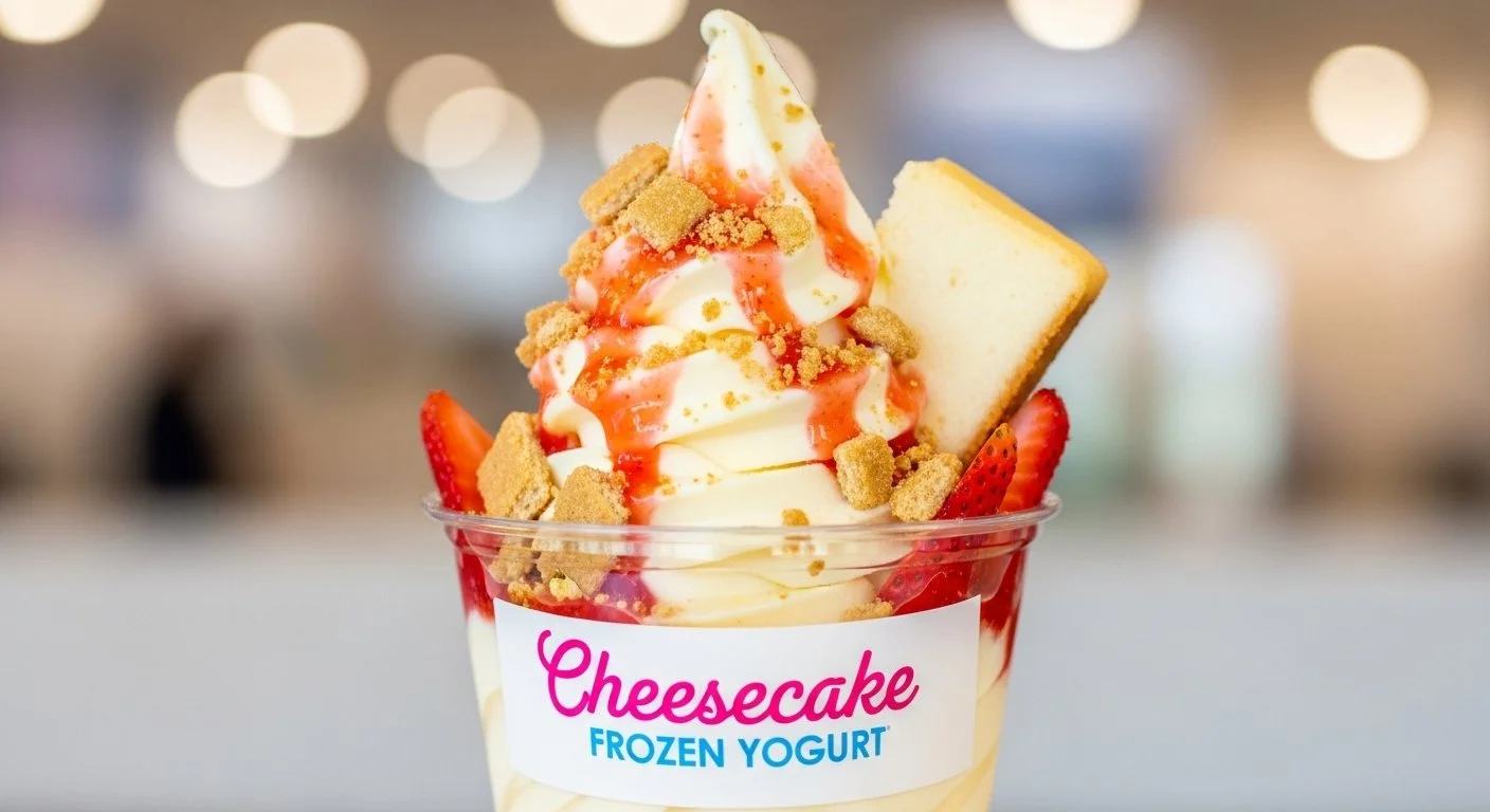 A clear plastic cup filled with frozen yogurt topped with strawberries, graham cracker crumbs, a slice of pound cake, and strawberry syrup, labeled "Cheesecake Frozen Yogurt."
